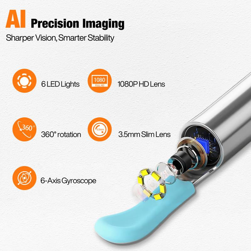 AI Ear Wax Removal Kit with 1080P HD Camera, AI Eardrum Alert, 6-Axis Gyroscope, Waterproof Lens, 230Mah Battery, 8-Piece Ear Cleaning Set, Ios & Android, FSA/HSA Eligible
